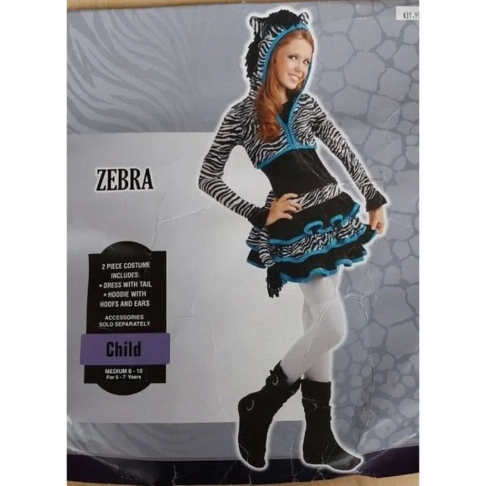 Girl's Zebra Halloween‎ 4-Piece Costume Child Medium Size 8-10. Retails for $32